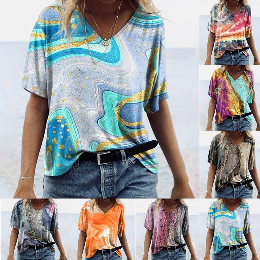 Women's Spring Glitzy V-Neck Short Sleeved Marble Print Top in various vibrant colors with tie-dye effect, featuring a glitzy neckline.