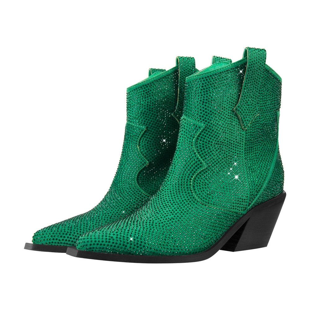 Green Women’s Rhinestone Encrusted Bootie Style Cowboy Boots with sparkle detailing.