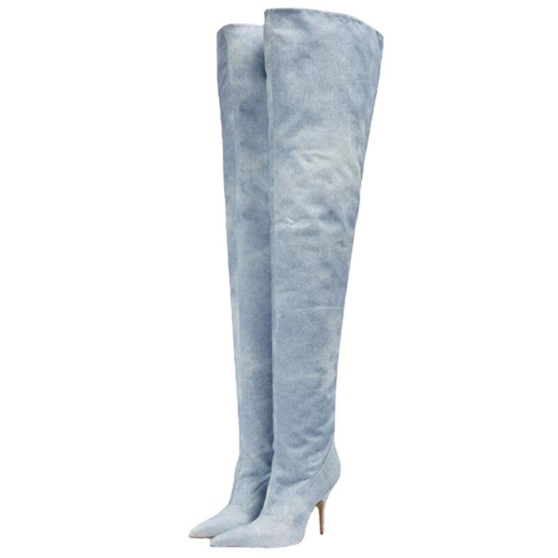 Women's Ultra-High Heel Denim Pointed Toe Catwalk Knee Boots in light blue on white background