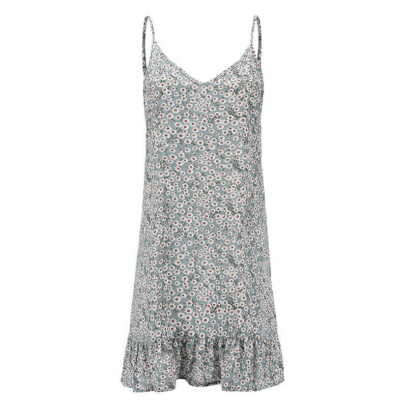 Floral Print Summer Dress Spaghetti Strap Mini Dress Ruffled with delicate flower pattern and ruffled hem, perfect for warm weather.