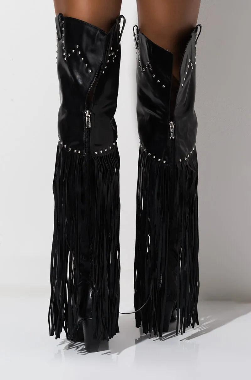 Vintage Fringe Over-the-Knee Boots with Western flair, featuring unique pattern, playful fringe, and ultra-high chunky heel.