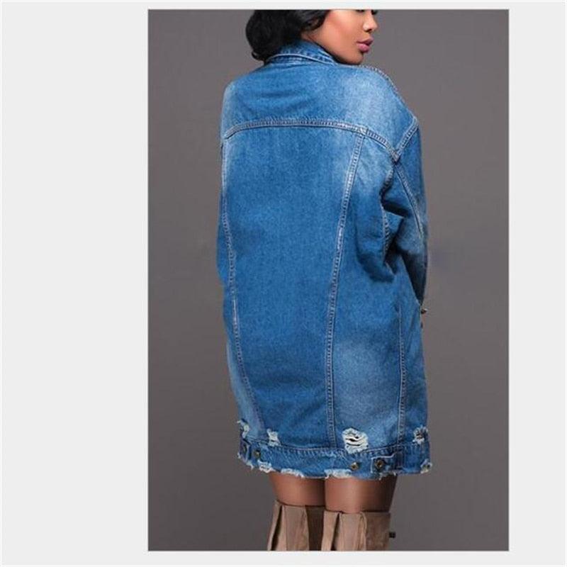 Cowgirl Chic Boyfriend Denim Jacket | Distressed & Stylish Western Outerwear, back view showcasing long sleeves and distressed hem.