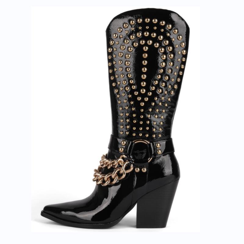 Knight Studded Cowboy Boots | Punk Rock Style with Rivets & Chains, featuring high heel and gold chain buckle detail.
