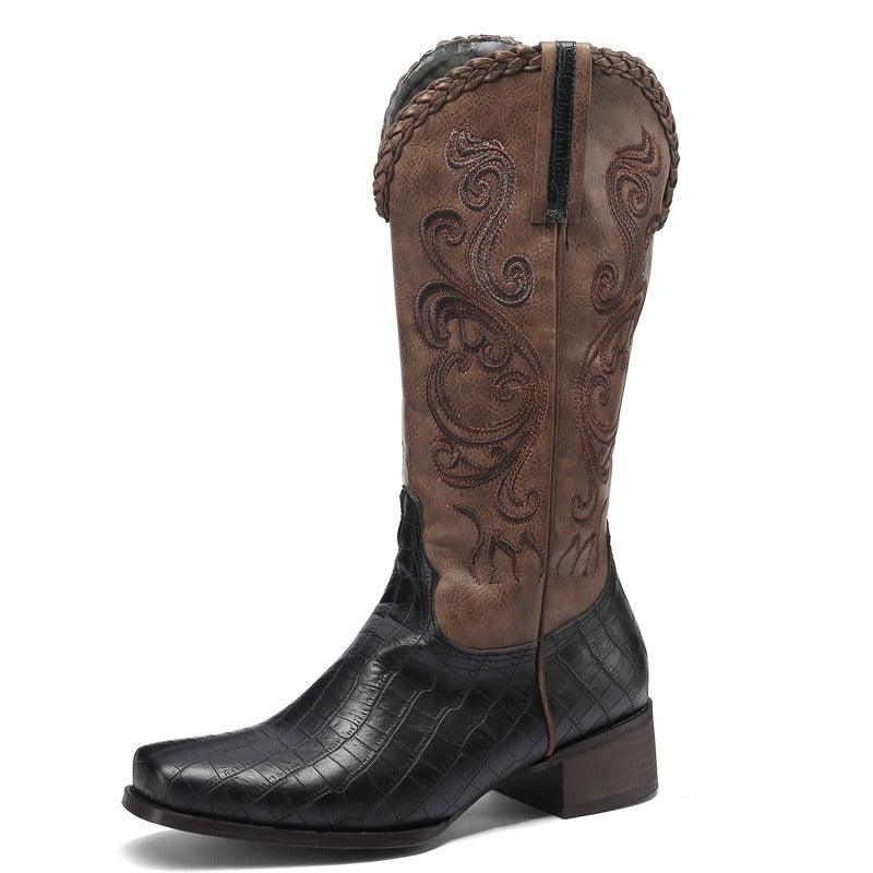 Rustic Western Braided Boots – Retro Cowboy Style with Snakeskin Detailing, featuring intricate stitching and braided top, side view.