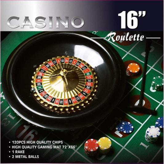 16-inch Roulette Wheel Game Set by Da Vinci, featuring chips, a rake, and gaming mat for casino parties and events.