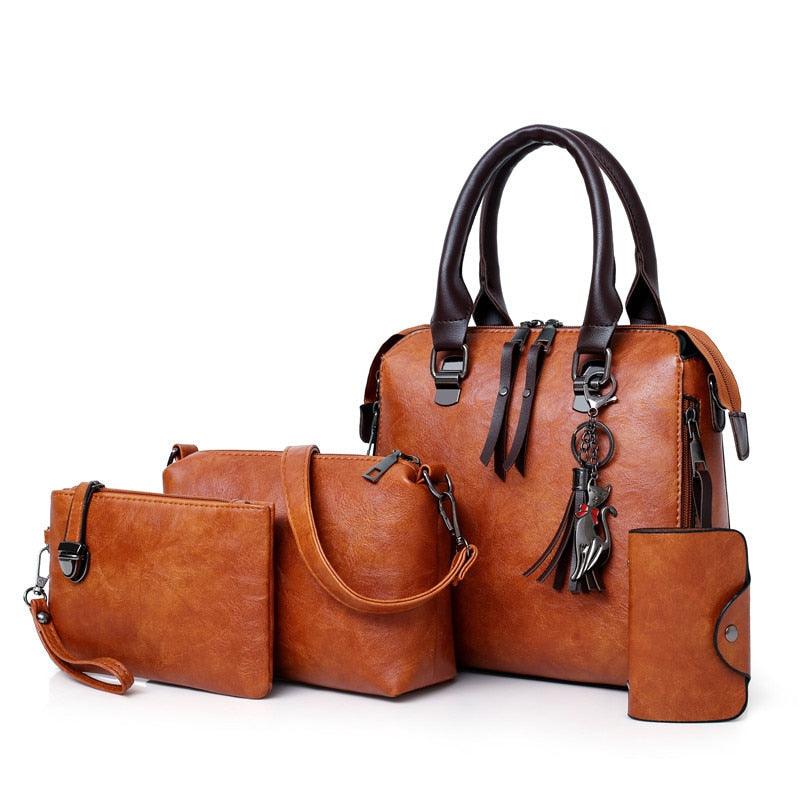 Vintage Leather 4-Piece Messenger Bag Set | Luxury Leather Tote, Clutch & Wallet Set featuring a rich brown finish and stylish design.