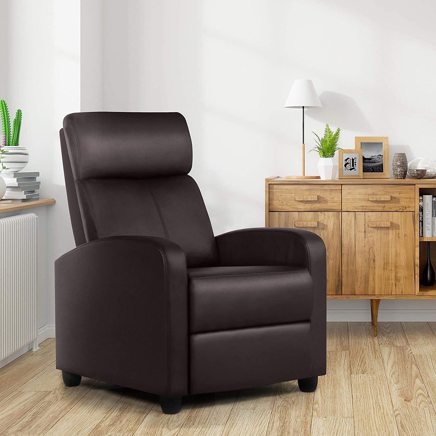 Dark Brown High-Density Faux Leather Push Back Recliner Chair in modern living room setting