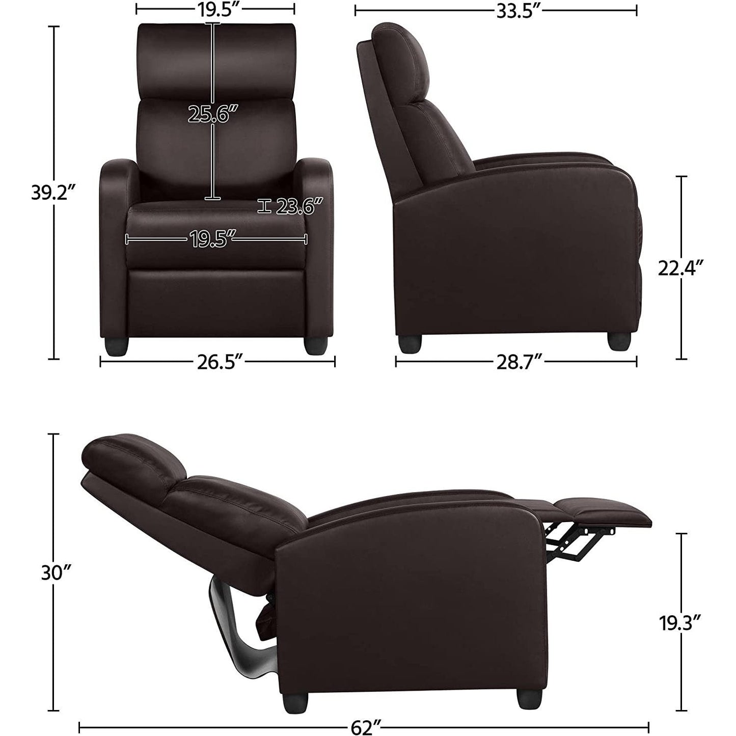 Dark Brown High-Density Faux Leather Push Back Recliner Chair with dimensions in different reclining positions