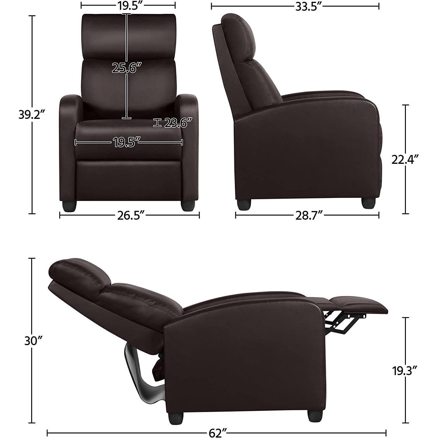 Dark Brown High-Density Faux Leather Push Back Recliner Chair with dimensions in different reclining positions