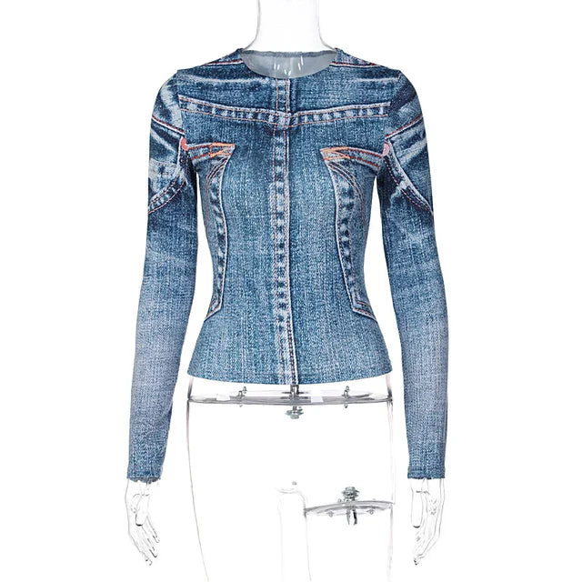 Denim Illusion Long Sleeve Top – Comfortable & Stylish Cowgirl Wear with denim print and luxurious fabric.