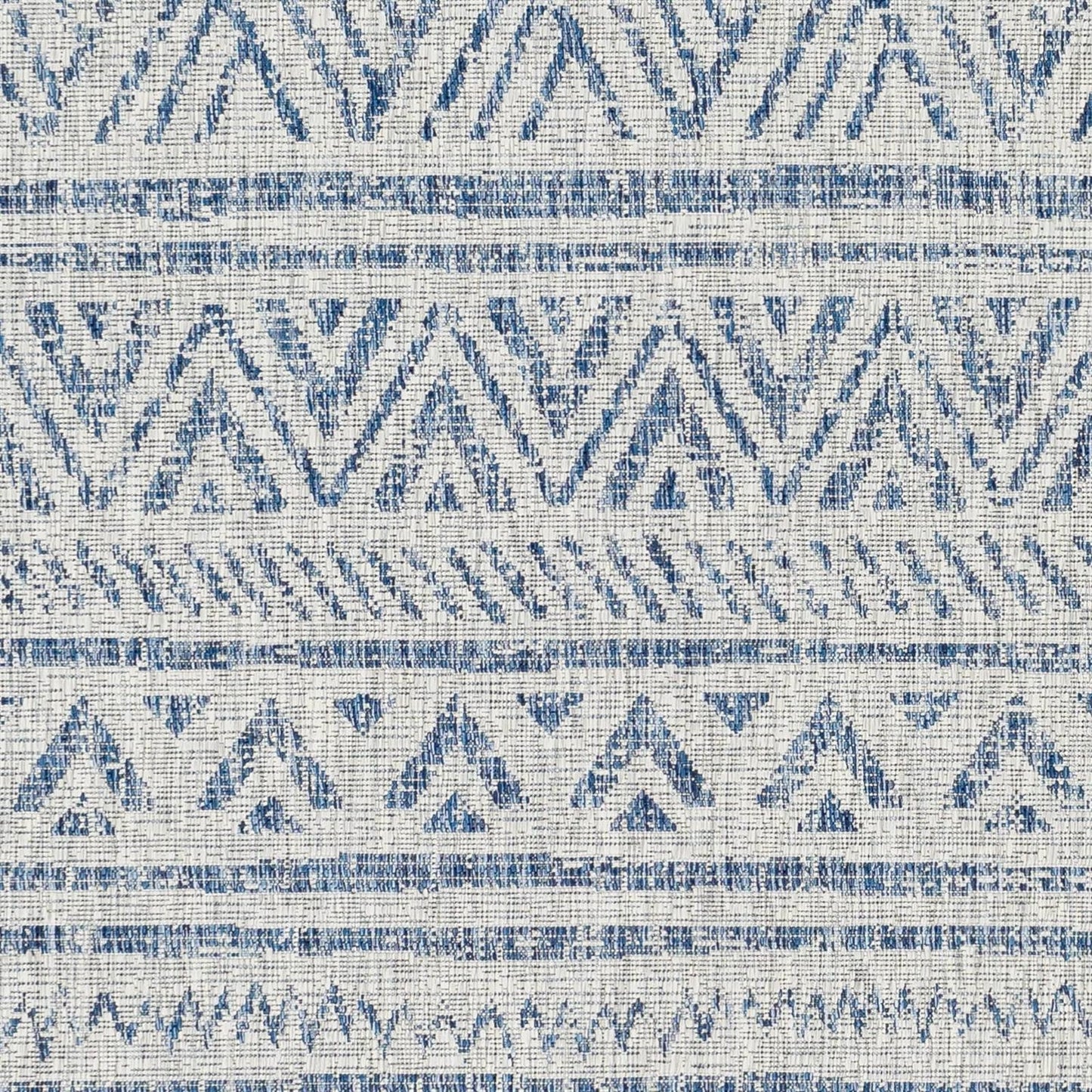 5 ft. x 7.5 ft. Blue Grey Chevron Coastal Boho Style Indoor Outdoor Area Rug with geometric patterns and distressed blue tones