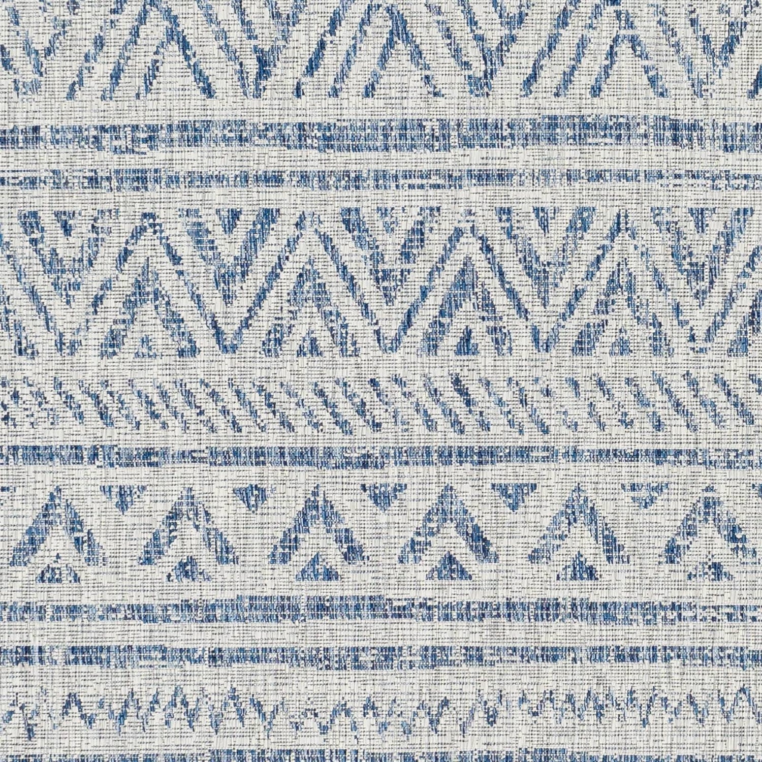 5 ft. x 7.5 ft. Blue Grey Chevron Coastal Boho Style Indoor Outdoor Area Rug with geometric patterns and distressed blue tones