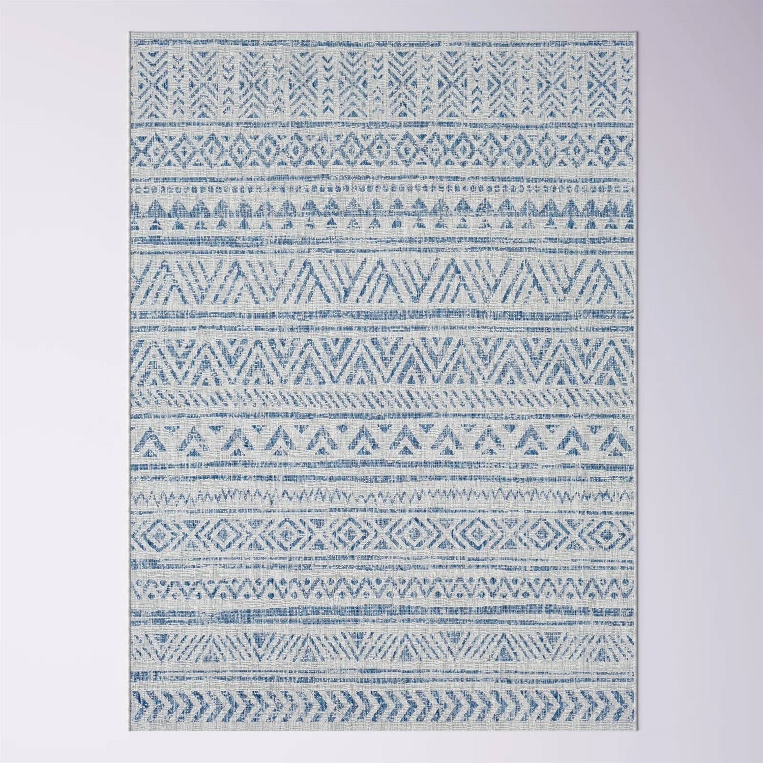 5 ft. x 7.5 ft. Blue Grey Chevron Coastal Boho Style Indoor Outdoor Area Rug with geometric patterns in distressed tones.