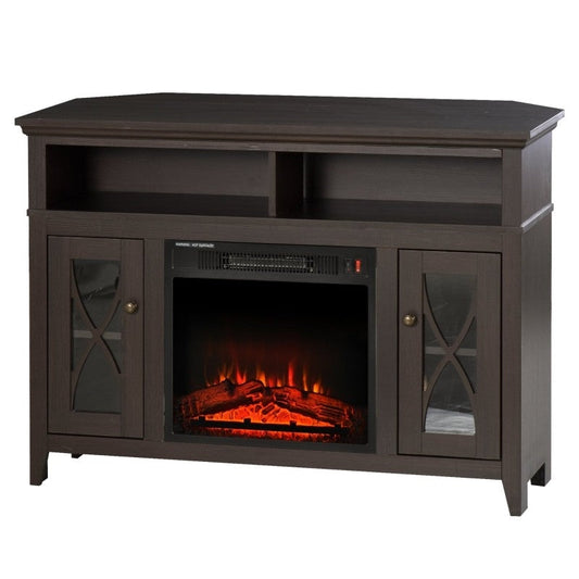 Espresso Electric Fireplace Mantel TV Stand w/ Adjustable Shelves 2 Storage Cabinets with dark brown finish and modern design.