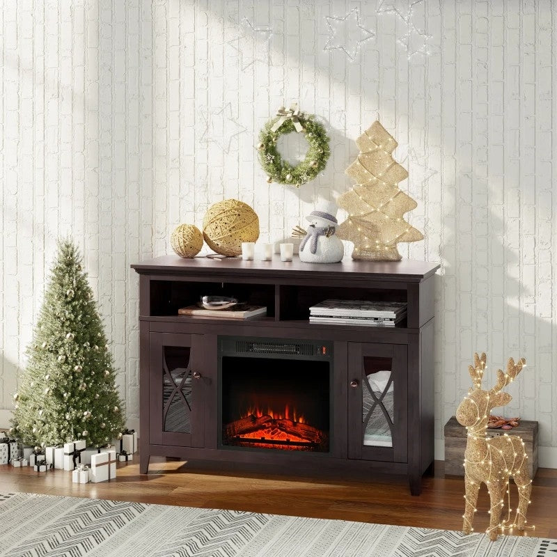 Espresso Electric Fireplace Mantel TV Stand w/ Adjustable Shelves 2 Storage Cabinets in a decorated room with holiday decor