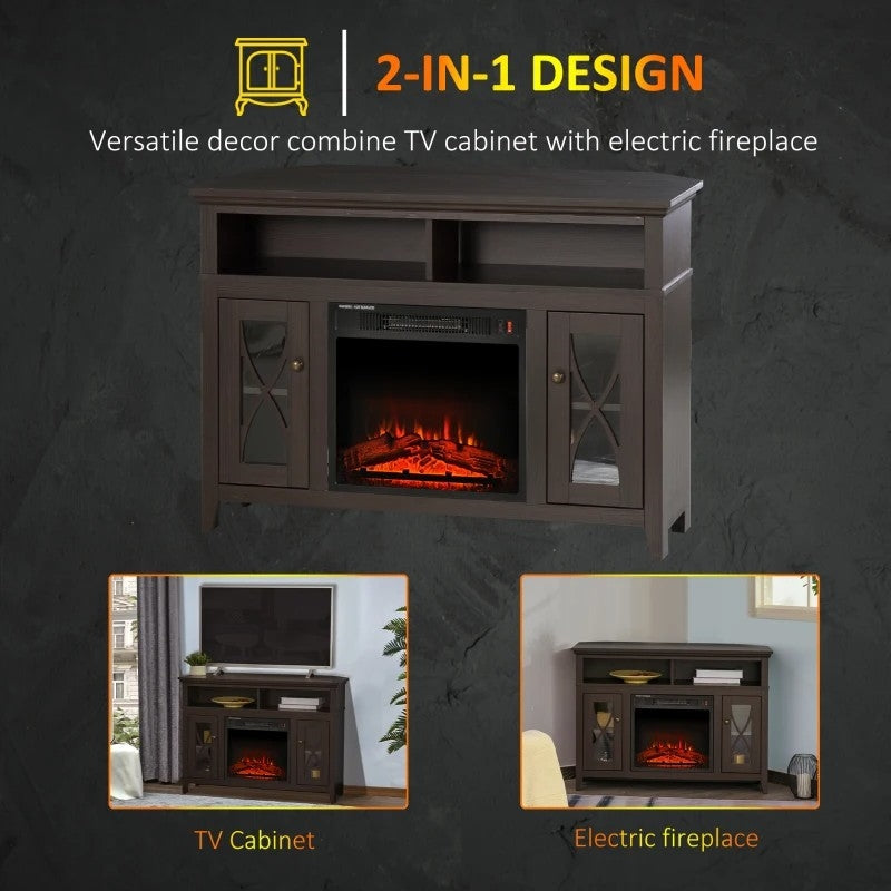 Espresso Electric Fireplace Mantel TV Stand w/ Adjustable Shelves 2 Storage Cabinets with 2-in-1 design and electric heater