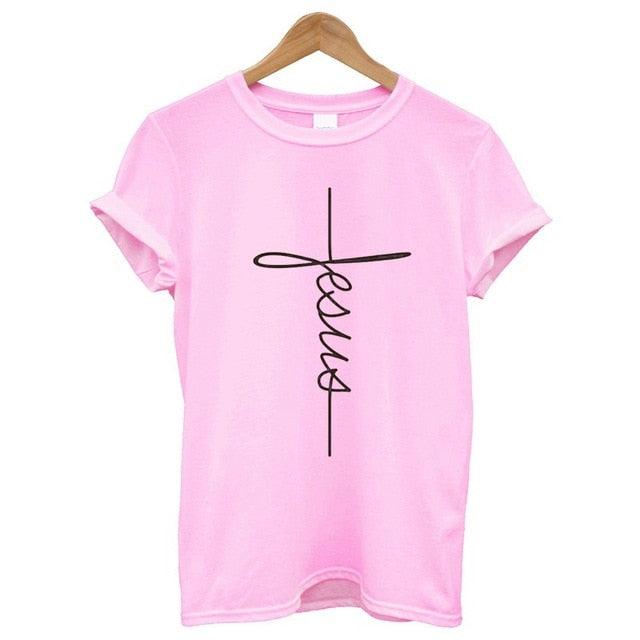 The Cross T-Shirt | Country Girl Faith Shirt for Spring & Summer featuring Jesus cross design on a pink cotton t-shirt.