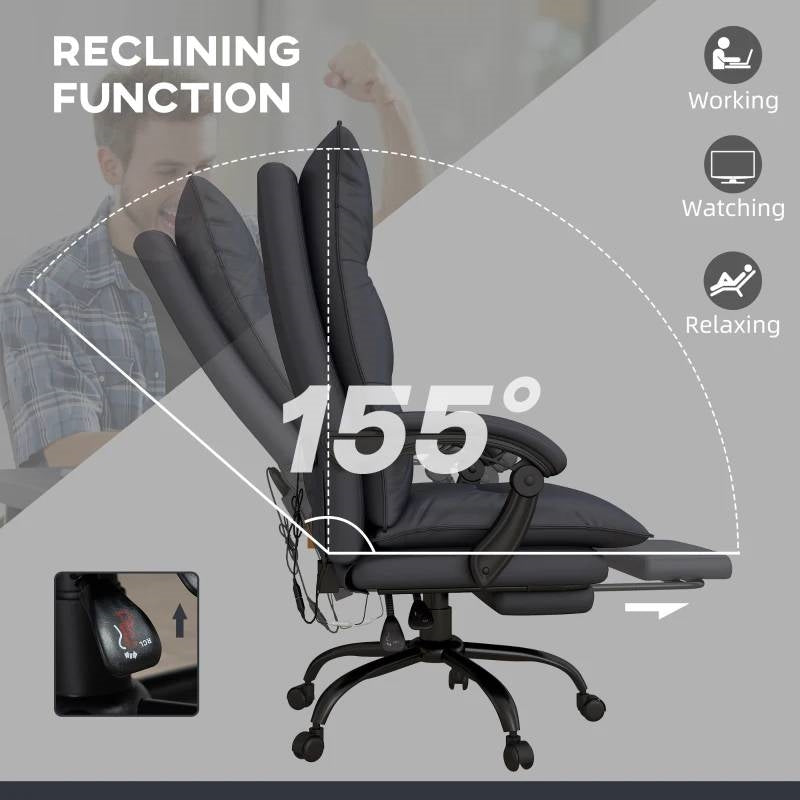 Double Padded Executive Massage Heated Office Chair Charcoal reclines to 155 degrees, ideal for working, watching, and relaxing.