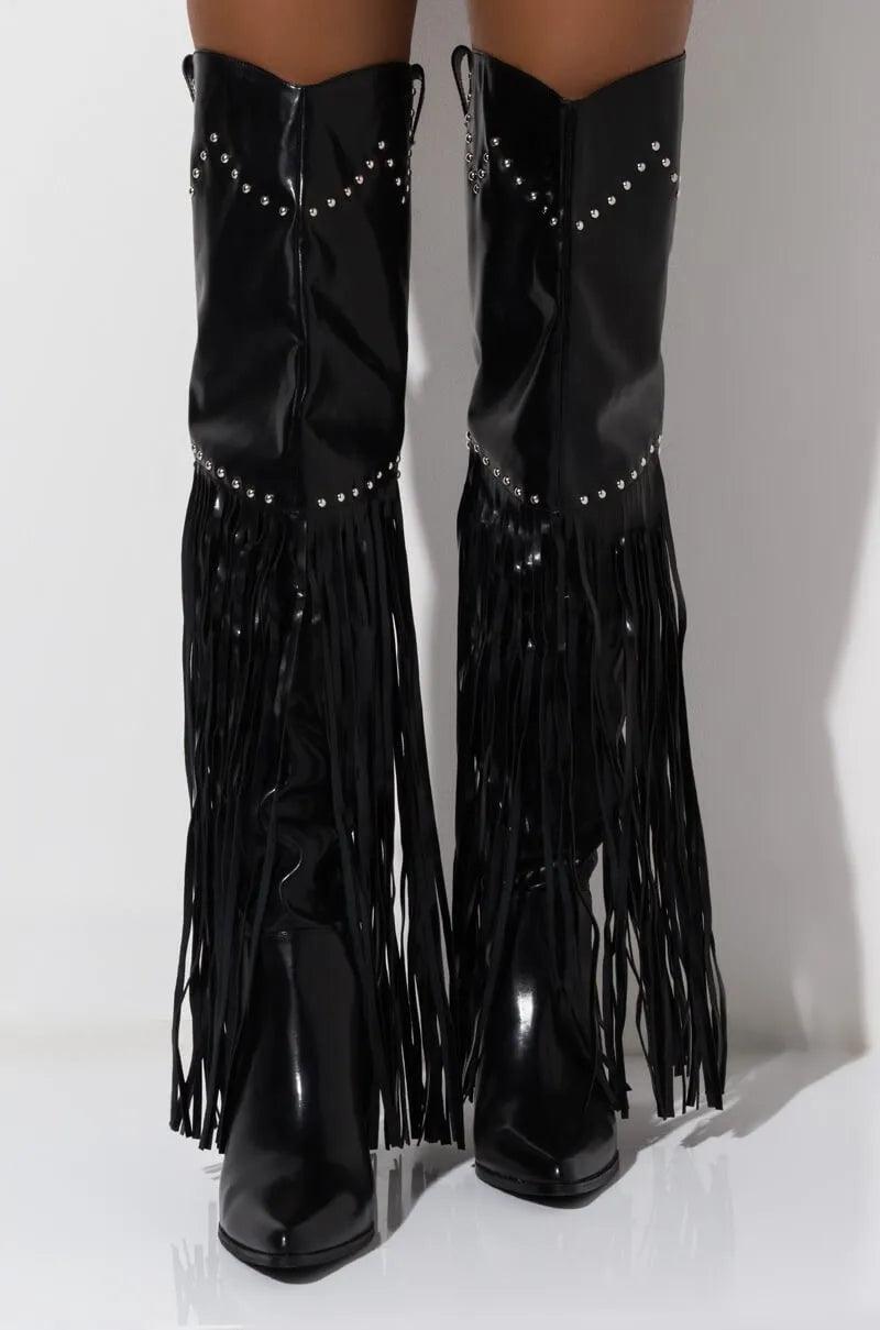 Vintage Fringe Over-the-Knee Boots in black with fringe detailing and stud accents, featuring a chunky heel for a bold look.