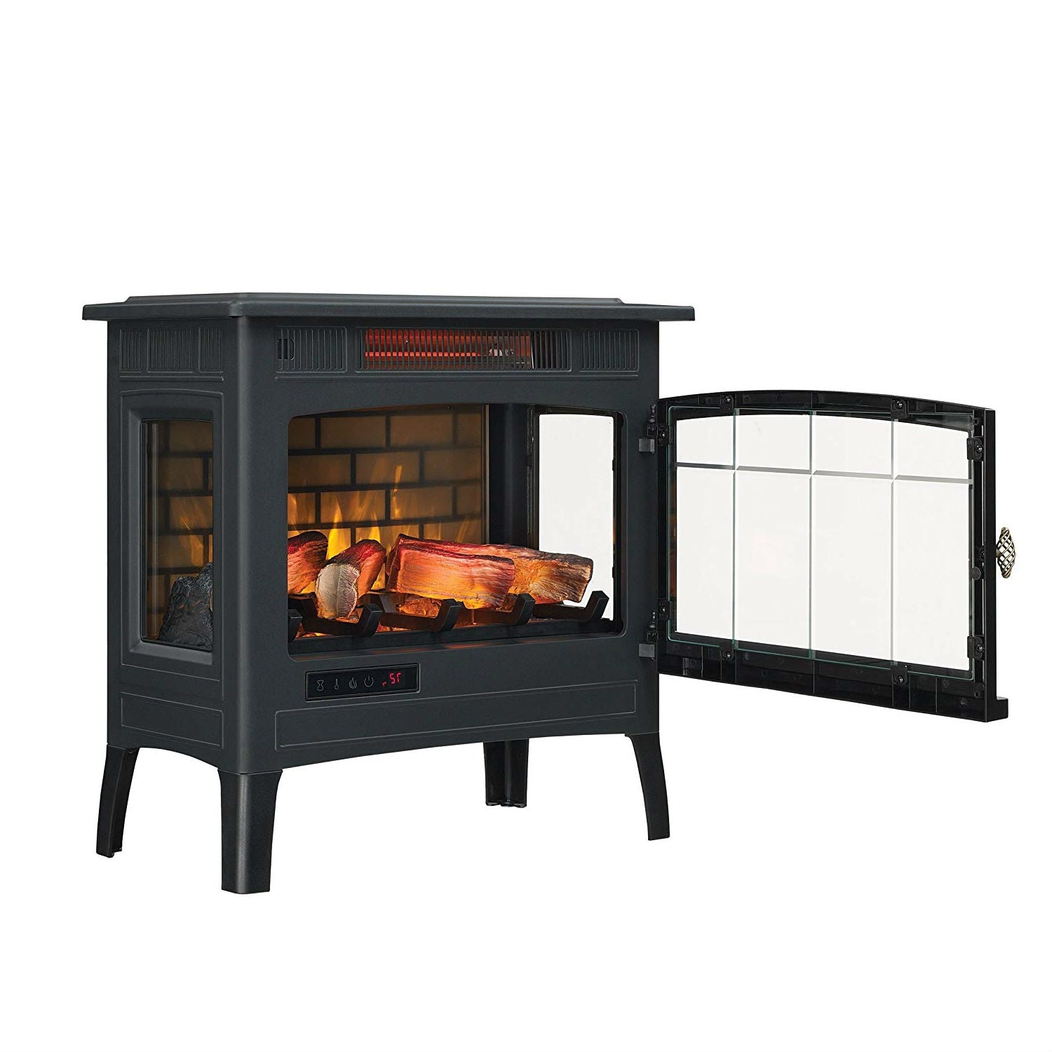 Black Infrared Quartz Electric Fireplace Stove Heater with open beveled glass door, showcasing the 3D flame technology inside.