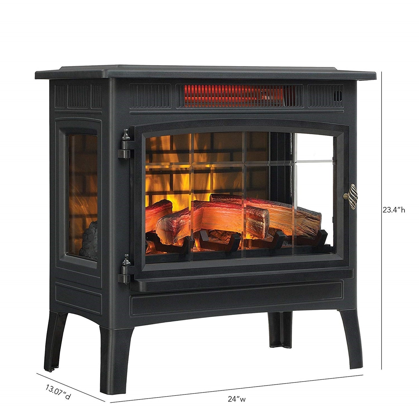 Black Infrared Quartz Electric Fireplace Stove Heater with 3D flame effect, metal body, and side viewing windows