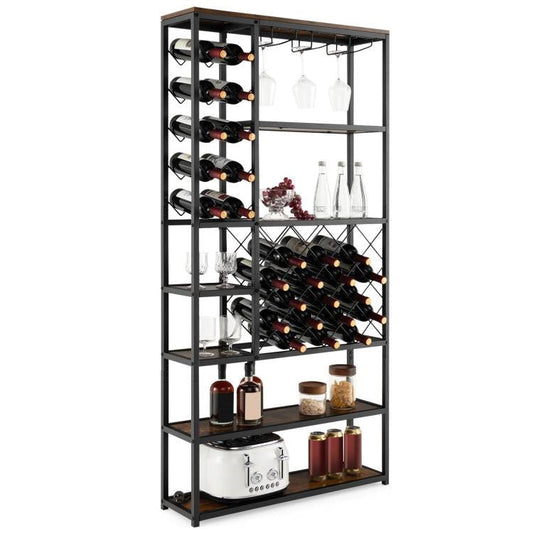 Heavy Duty Industrial Metal Wood 6 Tier Wine Rack Kitchen Storage Shelving Unit holding wine bottles and glasses
