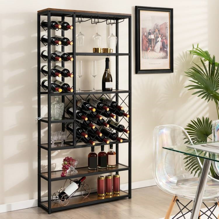 Heavy Duty Industrial Metal Wood 6 Tier Wine Rack Kitchen Storage Shelving Unit with wine bottles and glasses displayed