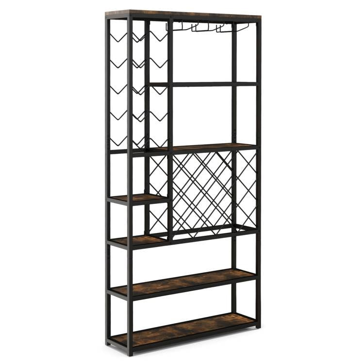 Heavy Duty Industrial Metal Wood 6 Tier Wine Rack Kitchen Storage Shelving Unit with wine and glass holders