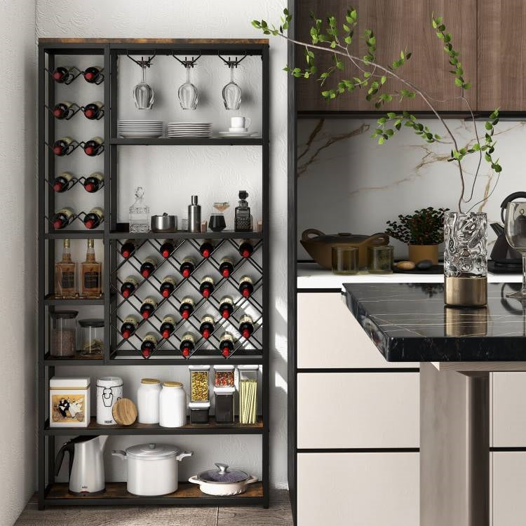 Heavy Duty Industrial Metal Wood 6 Tier Wine Rack Kitchen Storage Shelving Unit with wine bottles and glasses