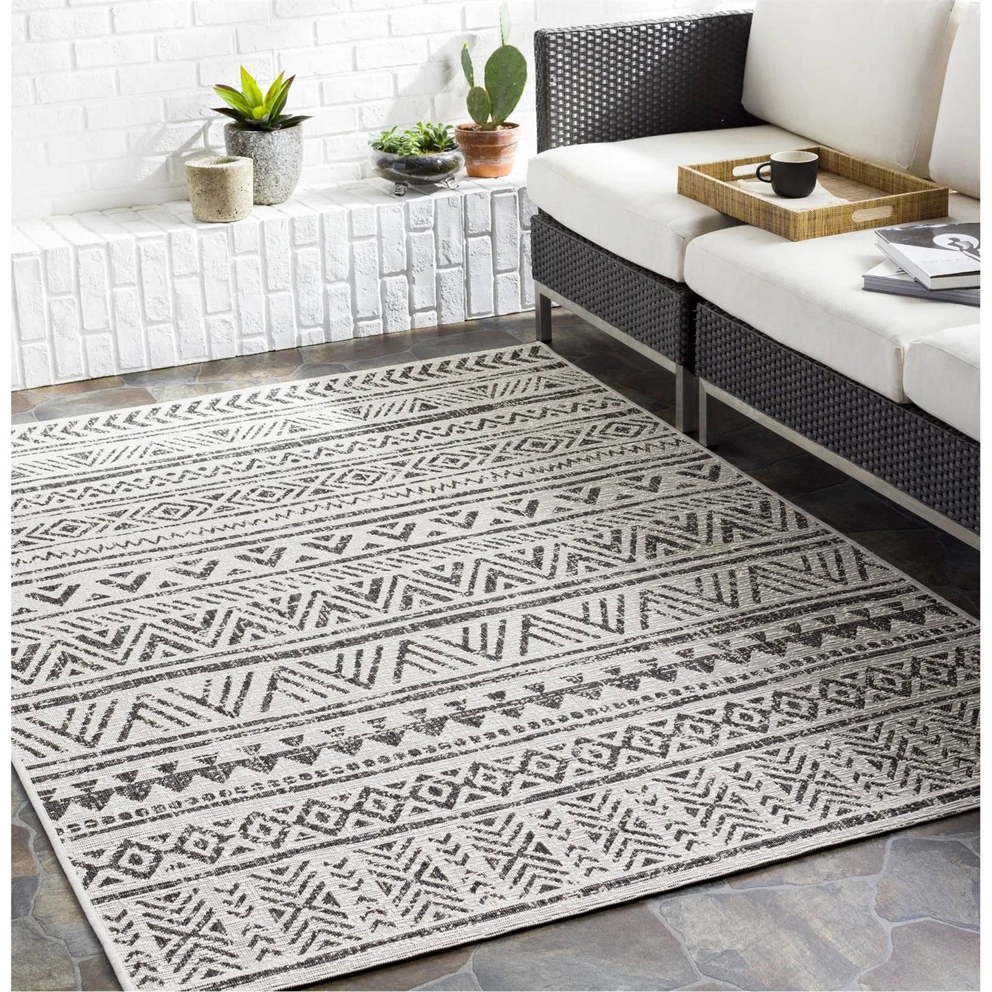 5 ft. x 8 ft. Black Off-White Chevron Coastal Boho Style Indoor Outdoor Area Rug with Moroccan geometric patterns
