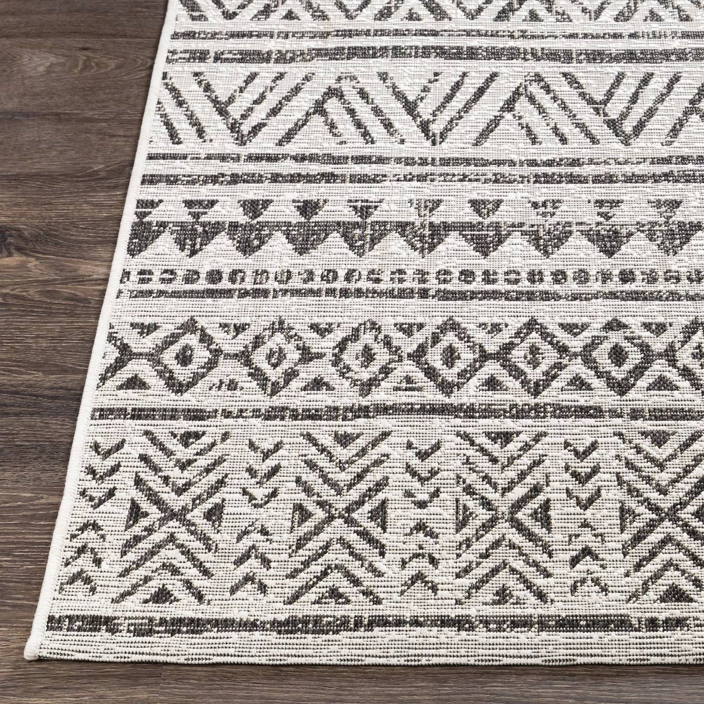 5 ft. x 8 ft. Black Off-White Chevron Coastal Boho Style Indoor Outdoor Area Rug with geometric Moroccan-inspired patterns