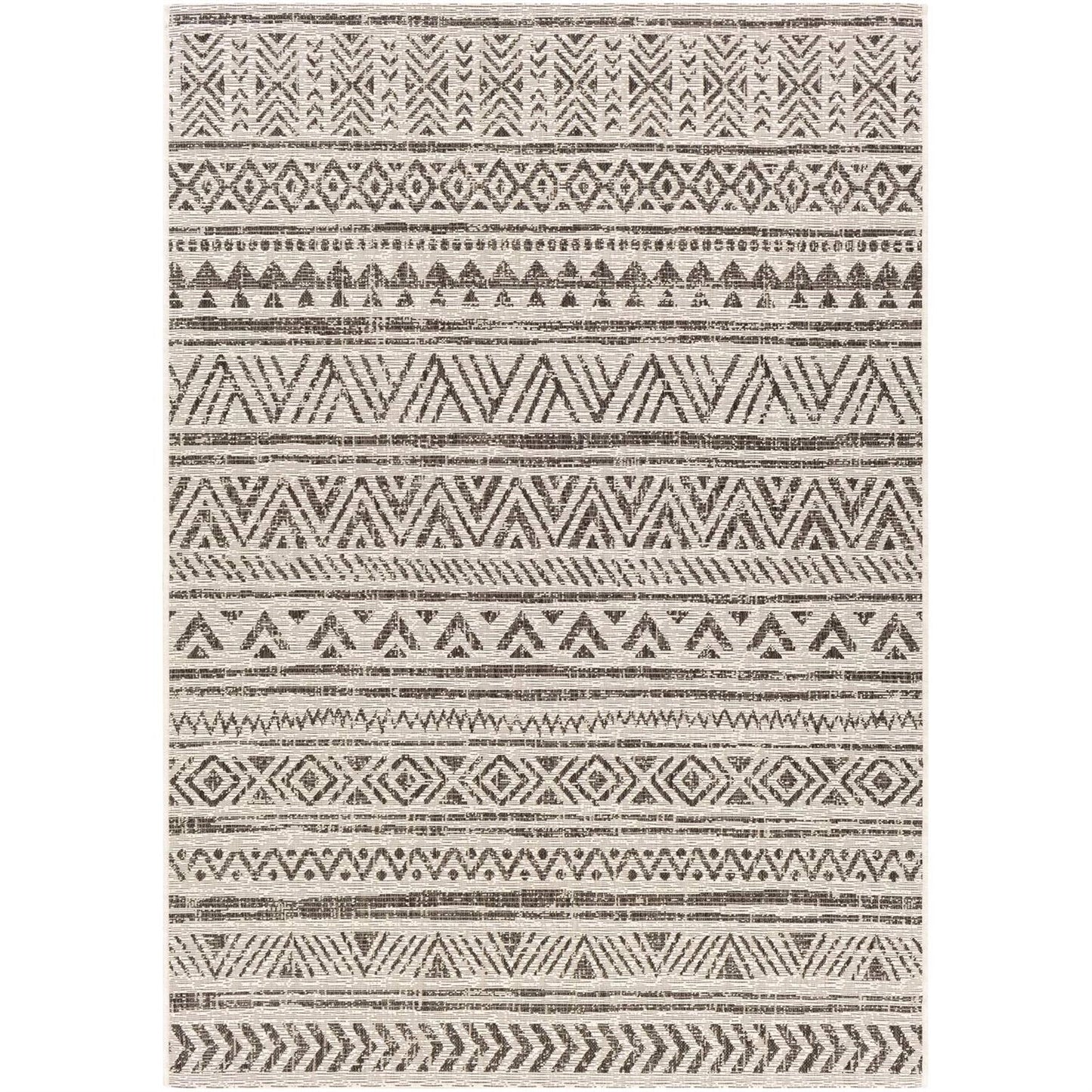 5 ft. x 8 ft. Black Off-White Chevron Coastal Boho Style Indoor Outdoor Area Rug with geometric patterns in black and ivory.