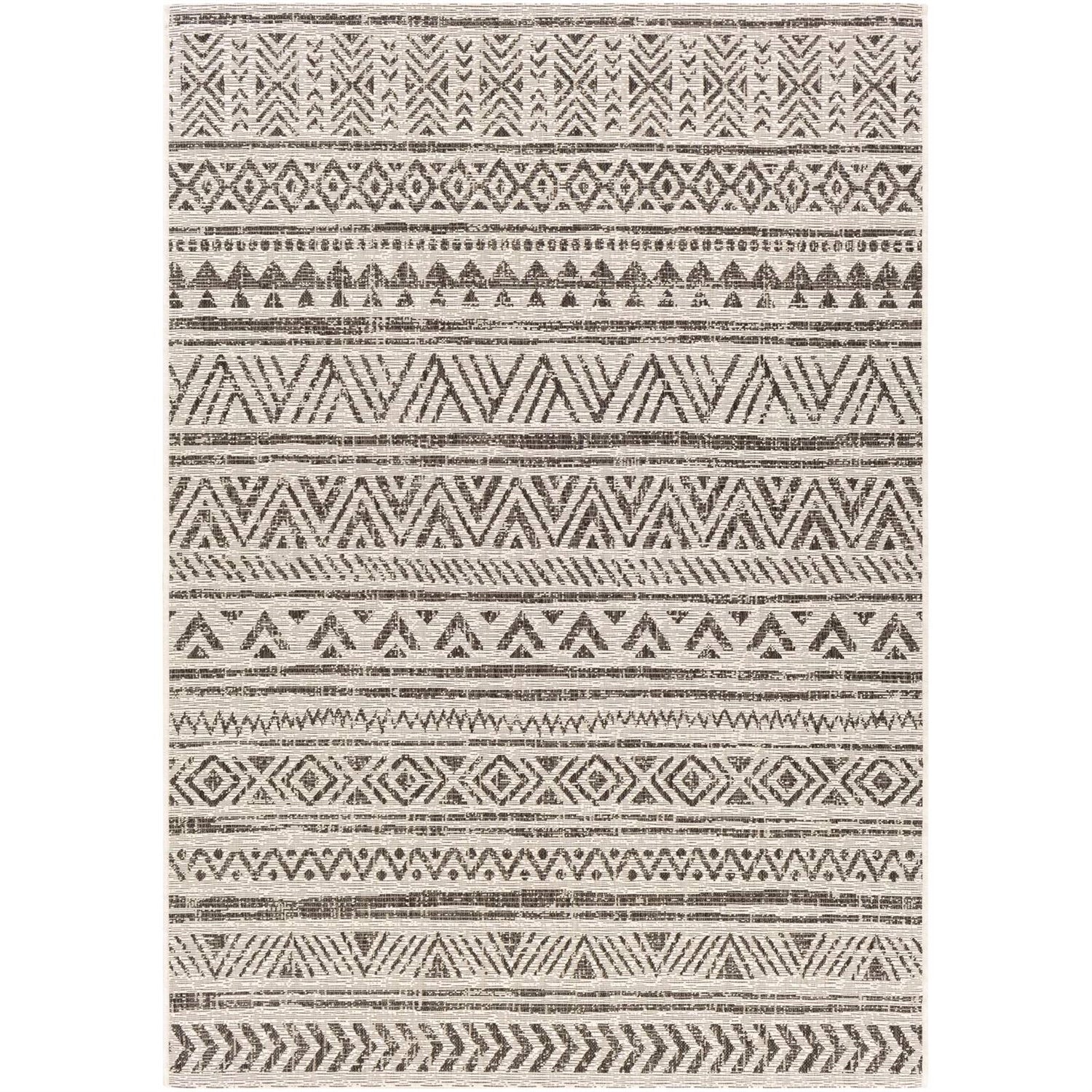 5 ft. x 8 ft. Black Off-White Chevron Coastal Boho Style Indoor Outdoor Area Rug with geometric patterns in black and ivory.
