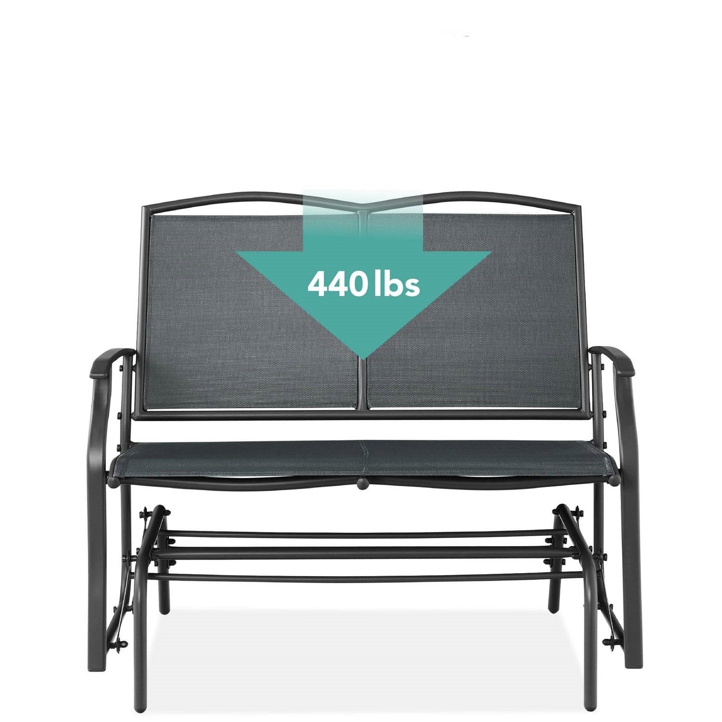 2 Seat Mesh Patio Loveseat Swing Glider Rocker with Armrests in Charcoal showcasing 440 lbs weight capacity