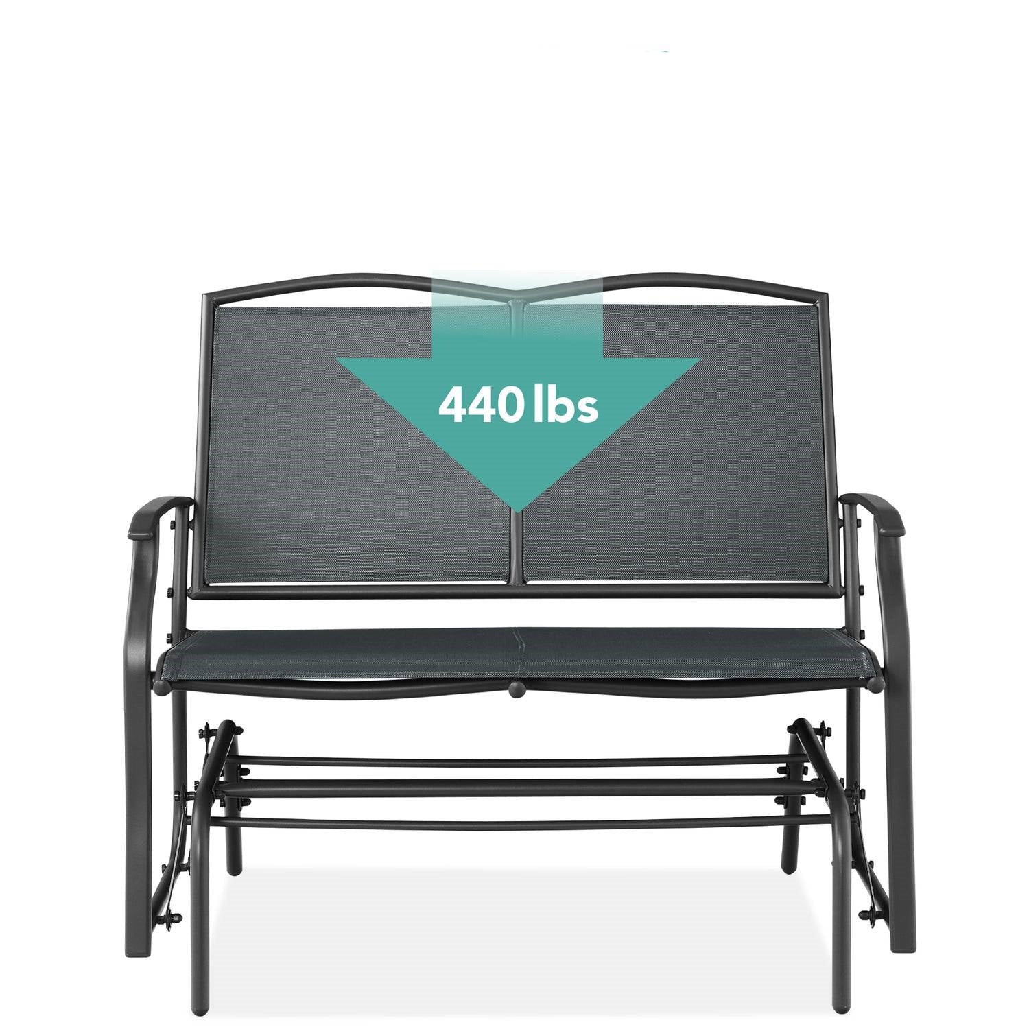 2 Seat Mesh Patio Loveseat Swing Glider Rocker with Armrests in Charcoal showcasing 440 lbs weight capacity