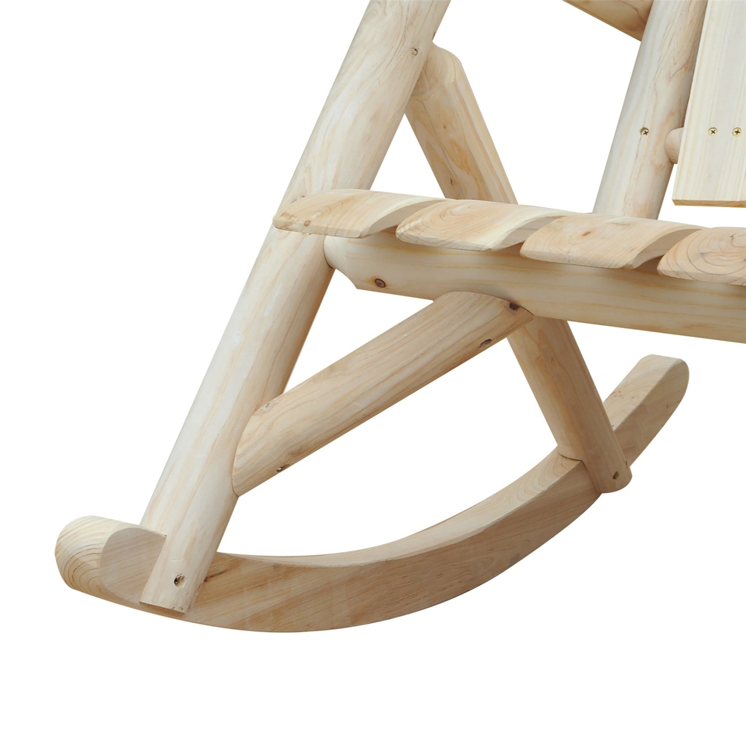 Detail of the FarmHouse Classical Fir Wood Rocking Adirondack Chair Natural - Set of 2 showcasing fir wood rocker design.
