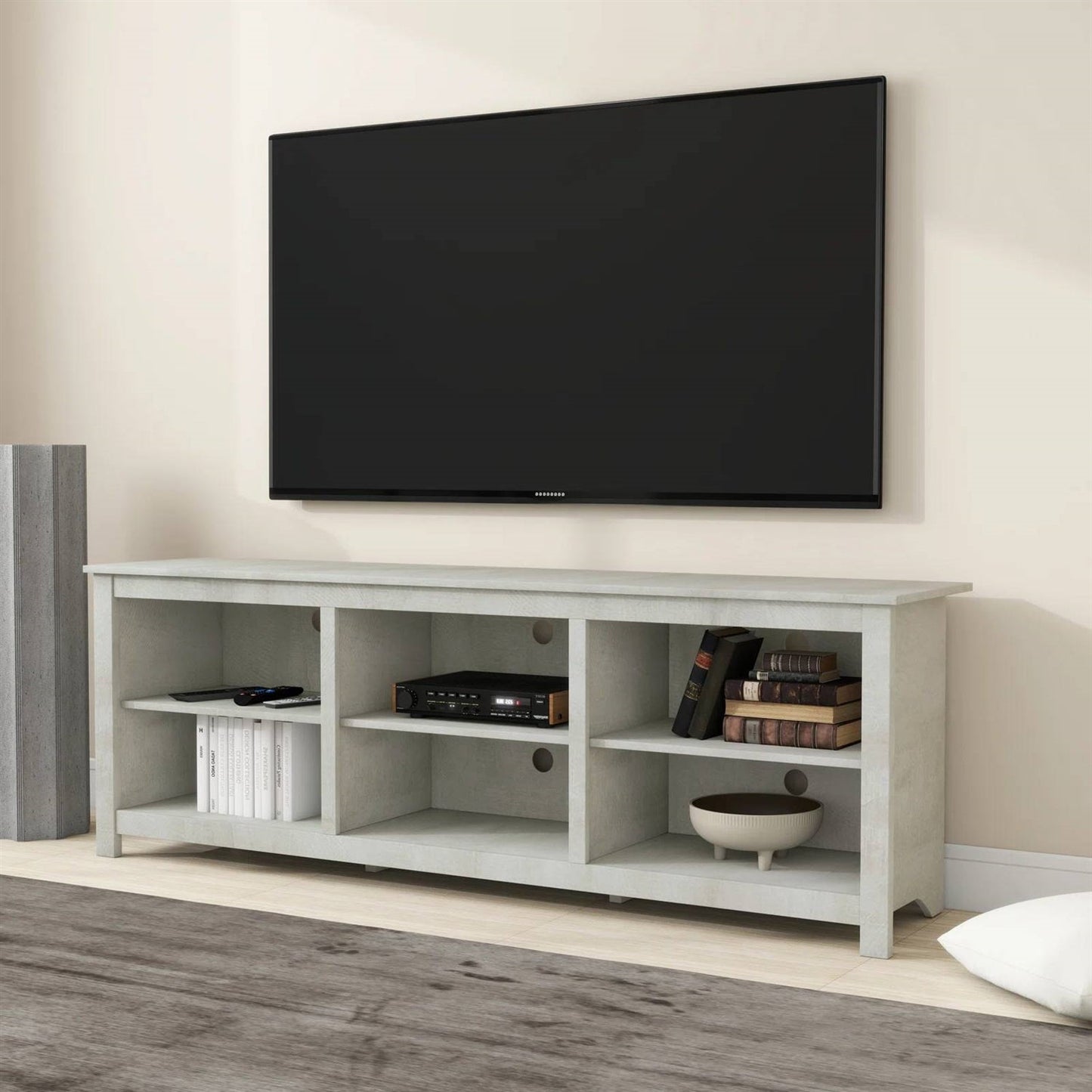 Farmhouse Style TV Stand in Light Grey Oak Wood Finish - for TVs up to 70-inch with six open compartments in a living room setting