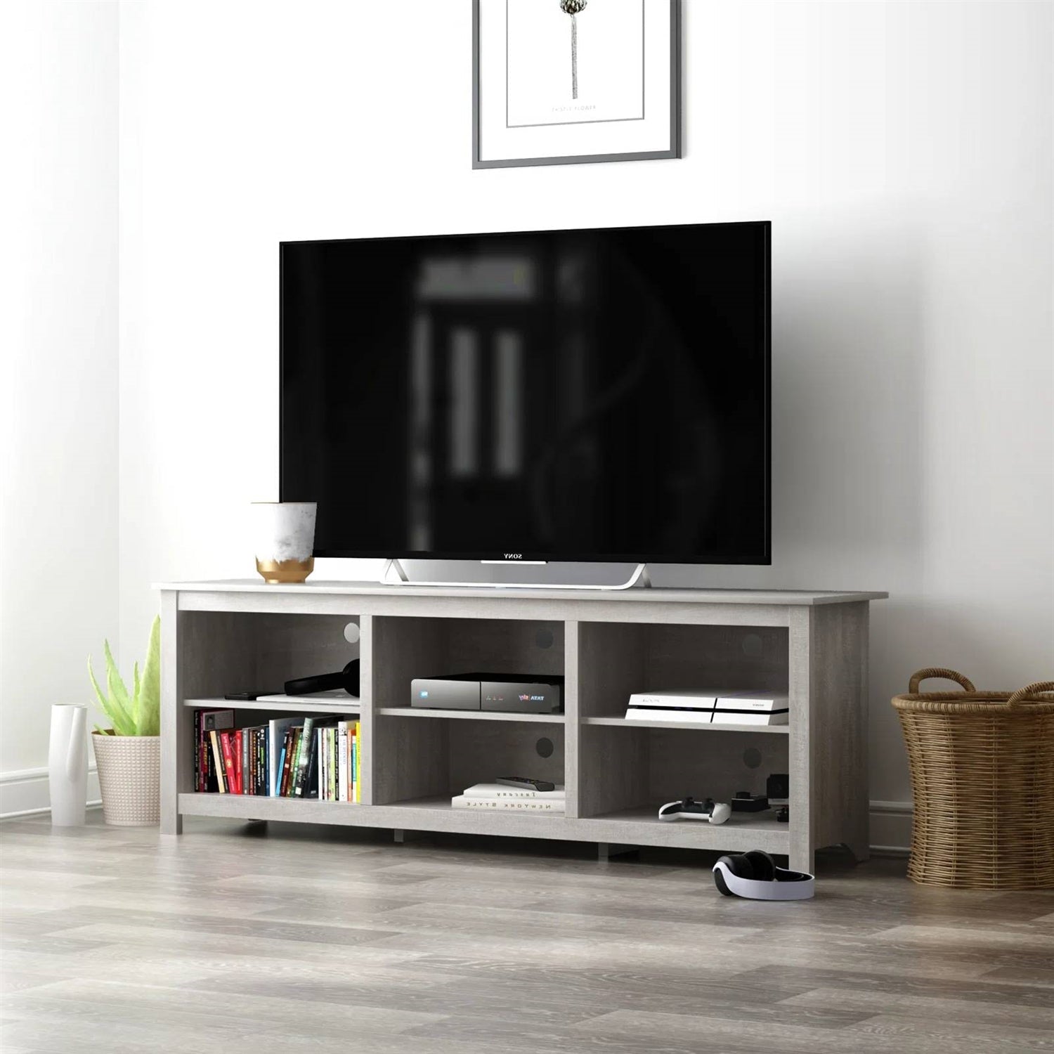 Farmhouse Style TV Stand in Light Grey Oak Wood Finish - for TVs up to 70-inch, featuring six compartments for storage and decor.