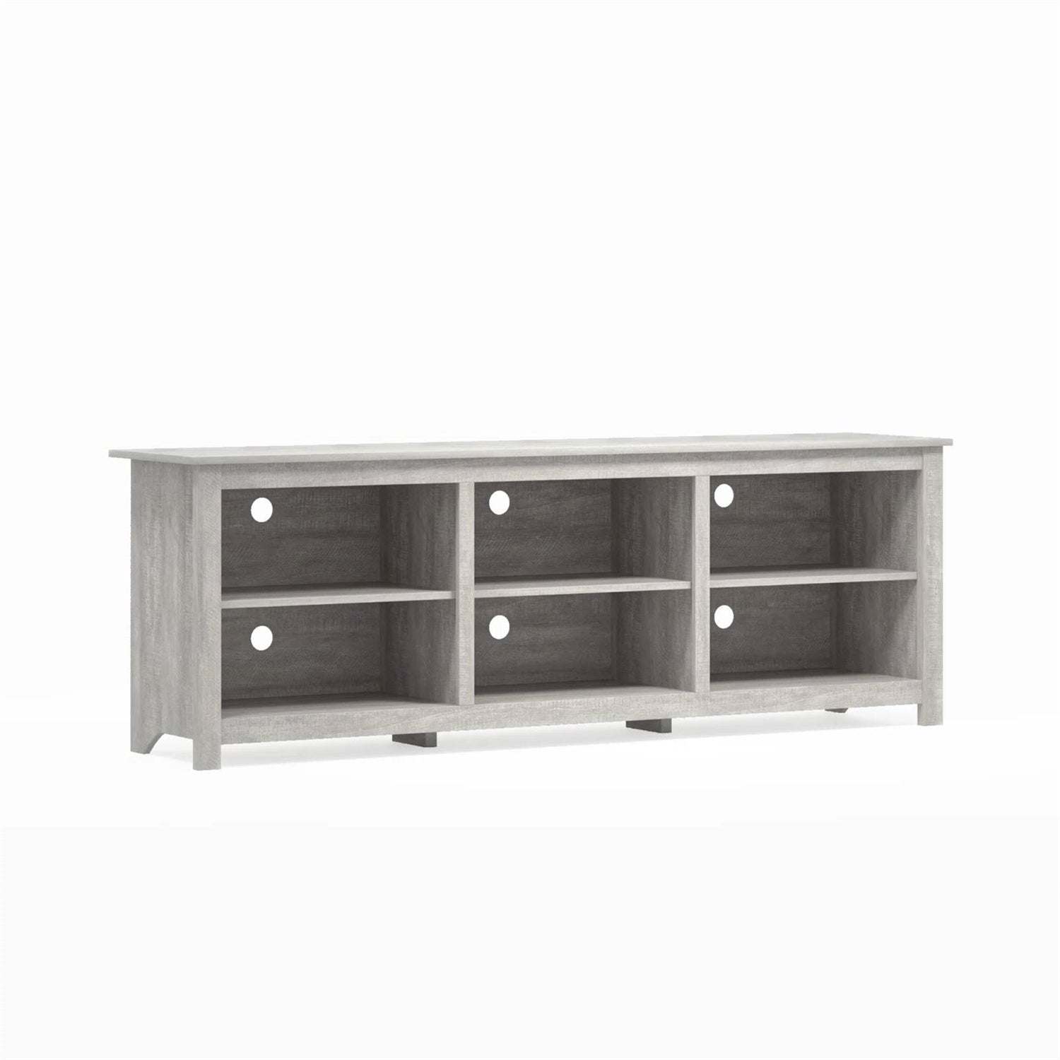 Farmhouse Style TV Stand in Light Grey Oak Wood Finish - for TVs up to 70-inch with six open compartments and sleek design.