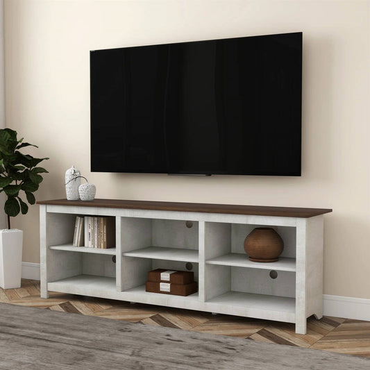 Farmhouse TV Stand in Grey Oak with Brown Wood Finish Top for TVs up to 70-inch featuring open compartments for decor and books.