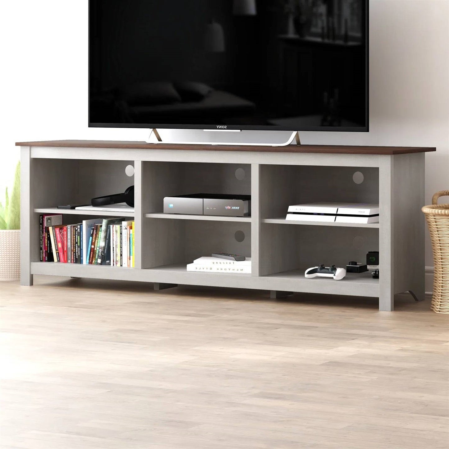 Farmhouse TV Stand in Grey Oak with Brown Wood Finish Top for TVs up to 70-inch, featuring six open compartments for storage and display.