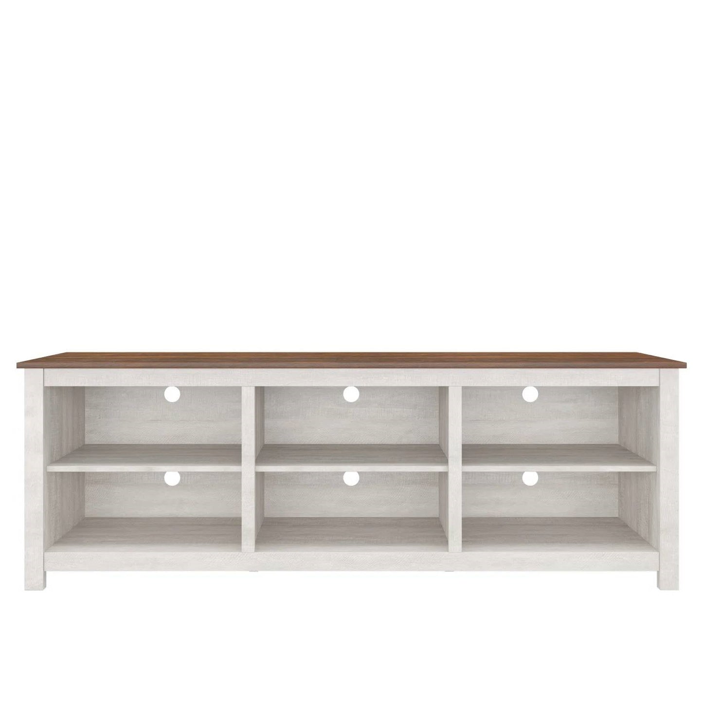 Farmhouse TV Stand in Grey Oak with Brown Wood Finish Top for TVs up to 70-inch with six compartments for storage and display