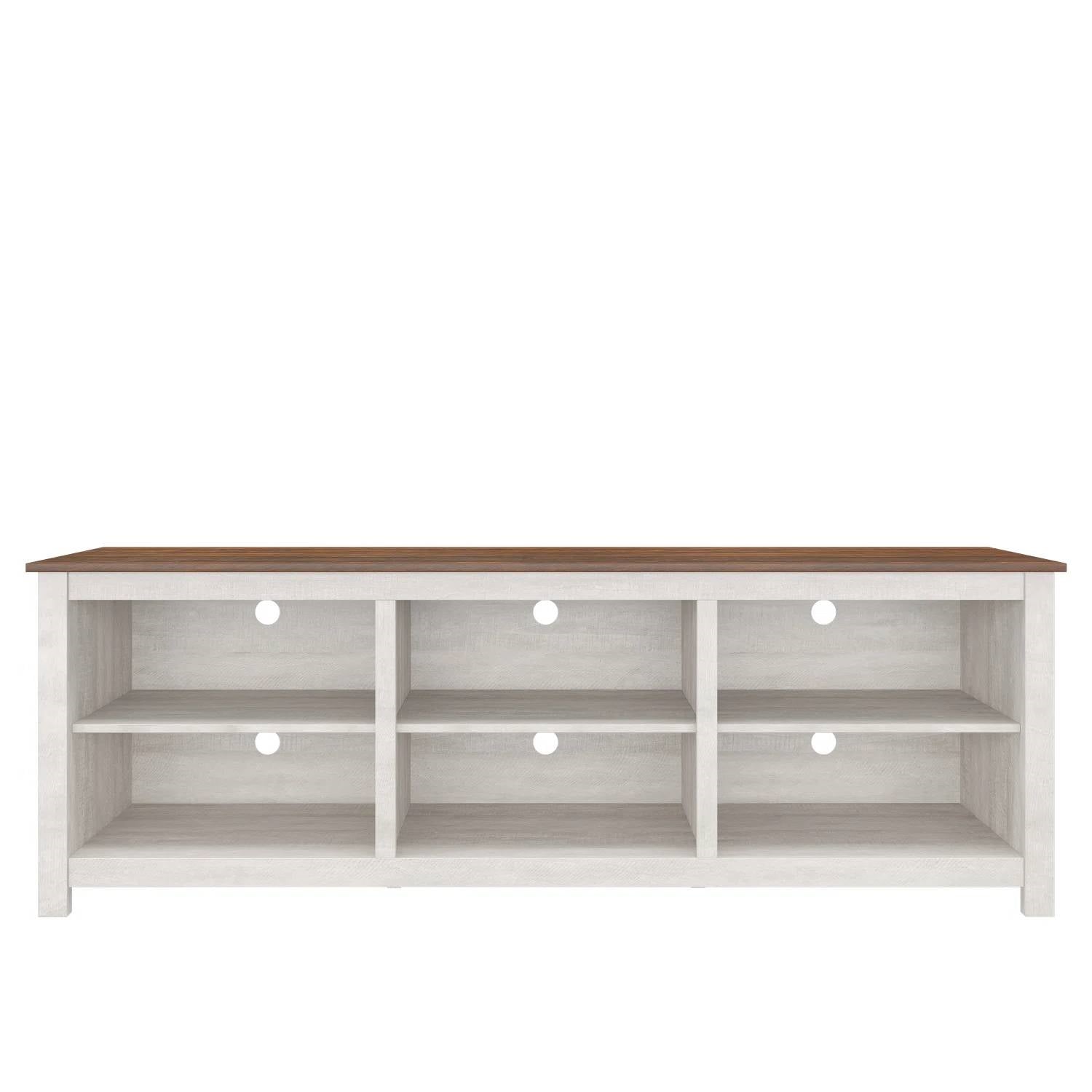 Farmhouse TV Stand in Grey Oak with Brown Wood Finish Top for TVs up to 70-inch with six compartments for storage and display