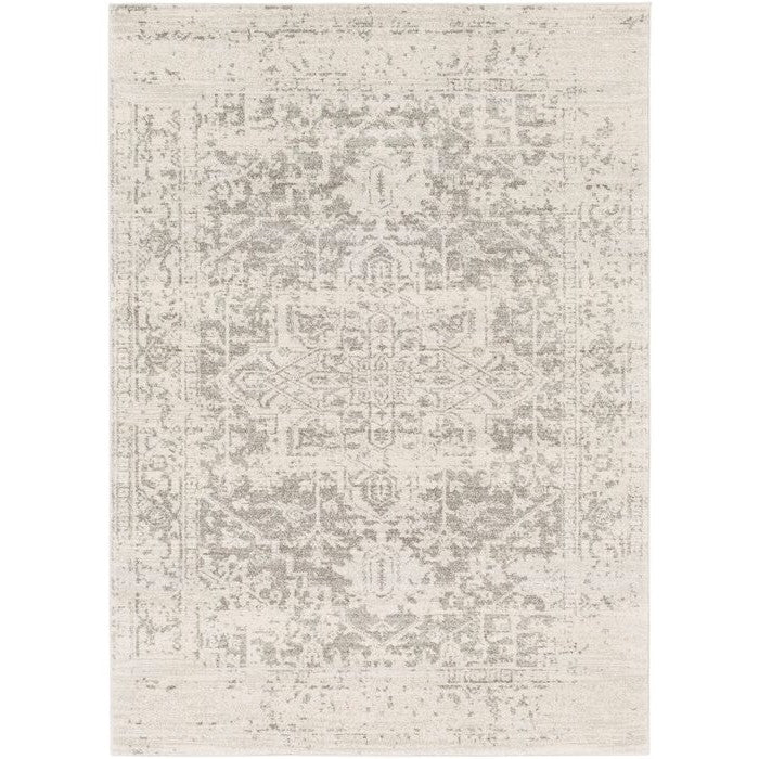3' x 5' Distressed Oriental Area Rug in Light Grey / Beige with geometric Persian patterns, ideal for living room decor.