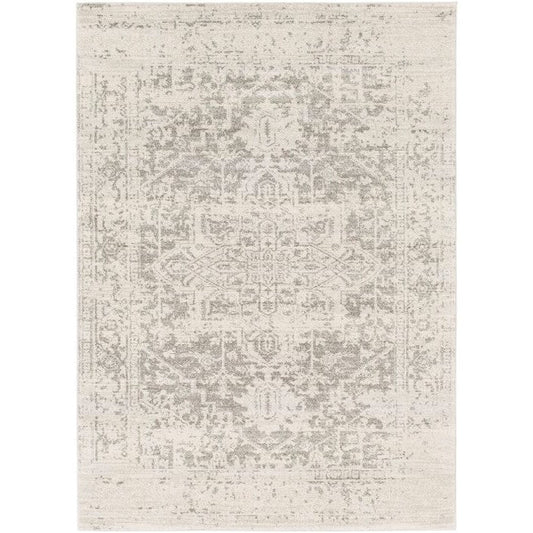 3' x 5' Distressed Oriental Area Rug in Light Grey / Beige with geometric Persian patterns, ideal for living room decor.