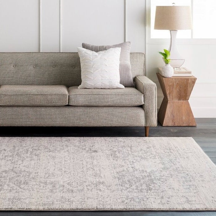 Living room with 3' x 5' Distressed Oriental Area Rug in Light Grey / Beige, featuring Persian patterns and geometric design.