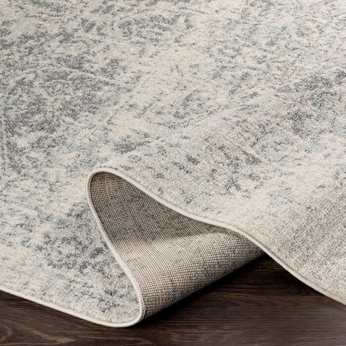 5' x 7' Distressed Oriental Area Rug in Light Grey / Beige with geometric pattern, medium pile, ideal for low traffic living rooms.