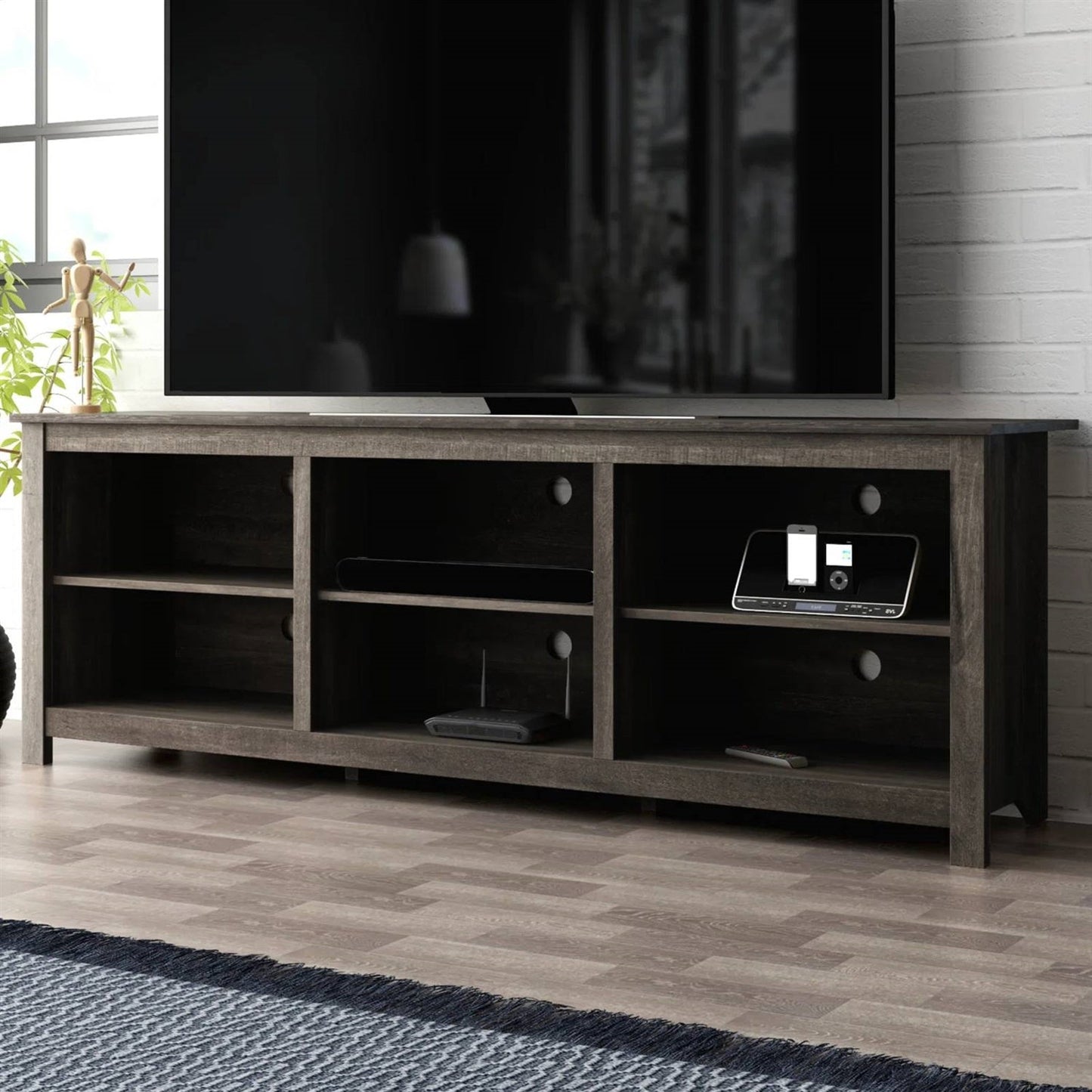 70-inch Dark Brown Wood TV Stand Entertainment Center for TV up to 78-inch with shelving and storage in living room setting