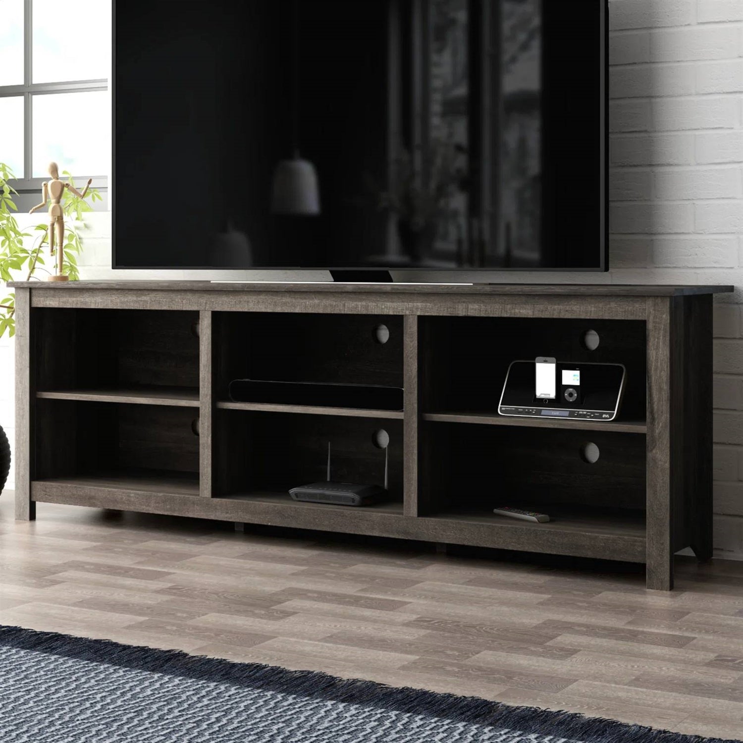 70-inch Dark Brown Wood TV Stand Entertainment Center for TV up to 78-inch with shelving and storage in living room setting
