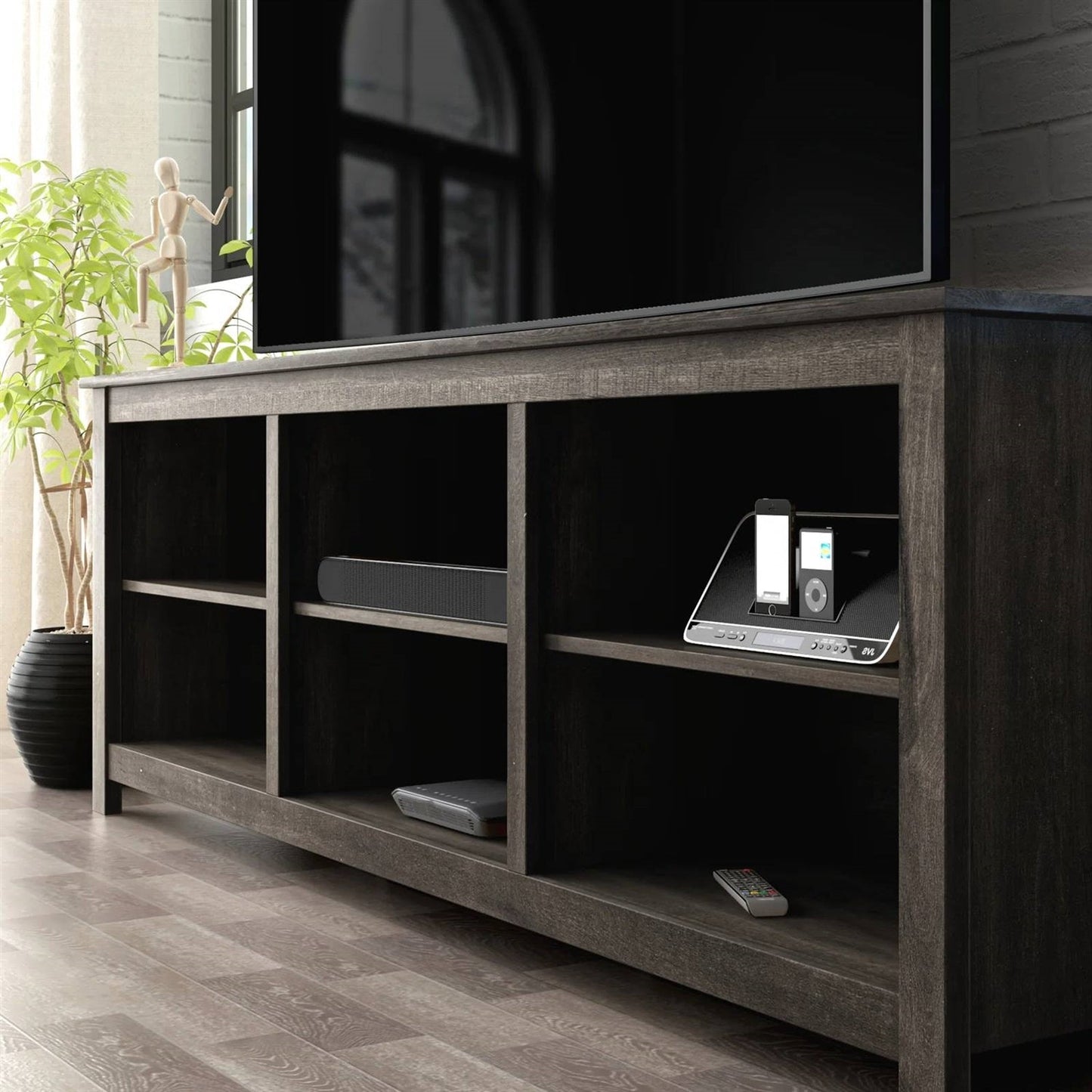 70-inch Dark Brown Wood TV Stand Entertainment Center for TV up to 78-inch with storage compartments in a living room setting